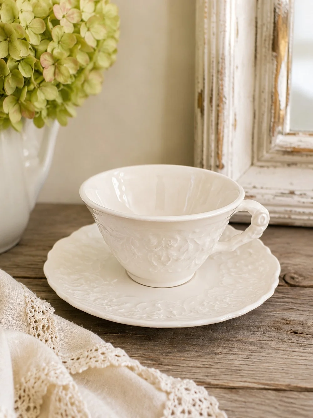 Steubenville Rose Point Tea Cup & Saucer Set White Embossed Floral Vintage